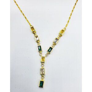 Emerald Cut Green Yellow and Clear Stone Gold Plated Y Necklace 16"